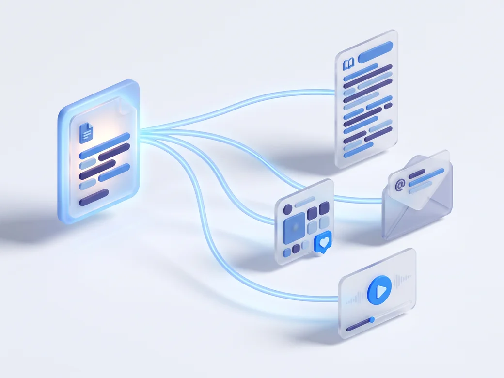 Skryvo content repurposing: one master document becoming a blog post, social post, email, and video