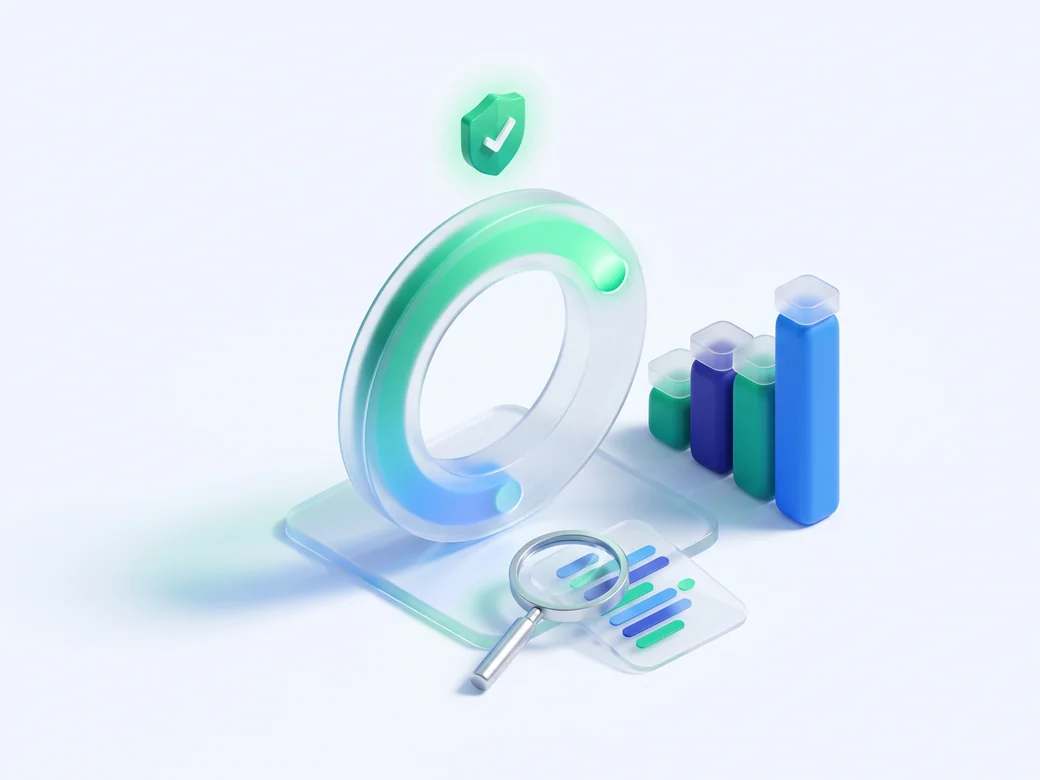 Skryvo quality and SEO scoring: a score gauge, rising bar chart, and content audit magnifier
