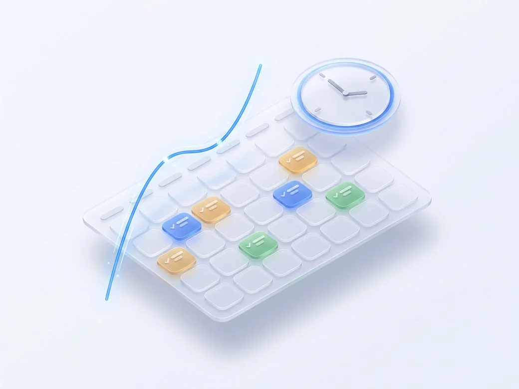 Skryvo smart content calendar with scheduled posts, publish-time clock, and growth trendline