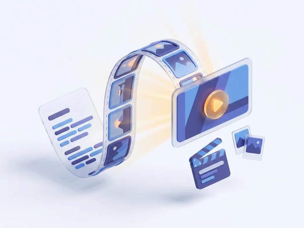 Skryvo visual content tools: a script unfolding into a filmstrip, video player, and image thumbnails