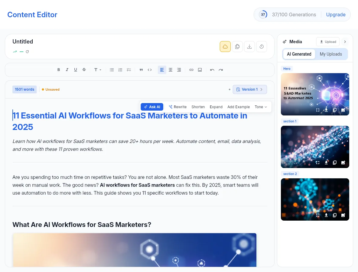 Skryvo dashboard showing the AI content editor with quality scores