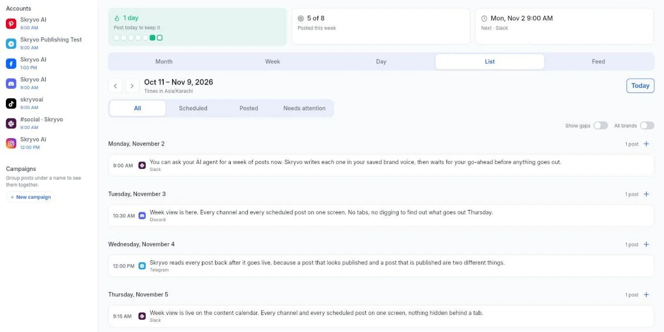 The Skryvo calendar listing a week of scheduled posts to Slack, Discord and Telegram, each written in Skryvo's own voice