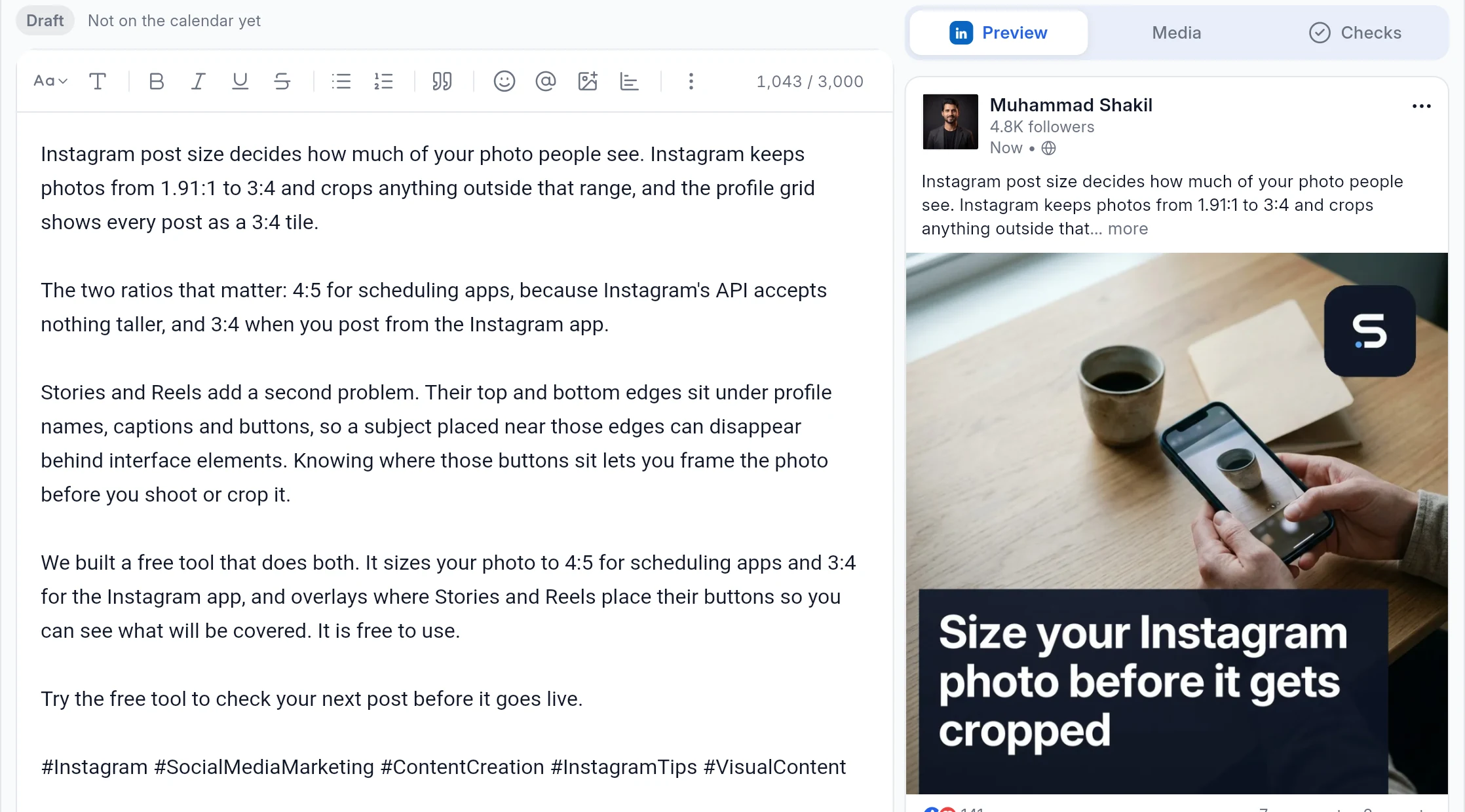 Skryvo's composer with a LinkedIn post about Instagram post sizes, written in the brand's voice, its generated image and a LinkedIn preview