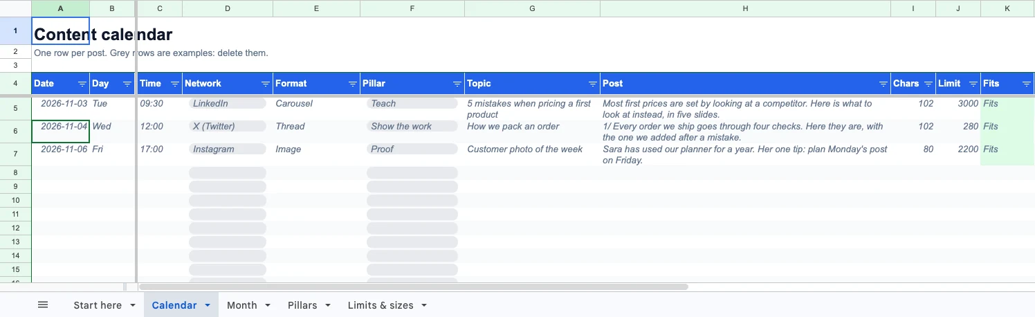 The Calendar tab of the template: three example posts for LinkedIn, X and Instagram, each with its character count, the network limit and a green Fits mark